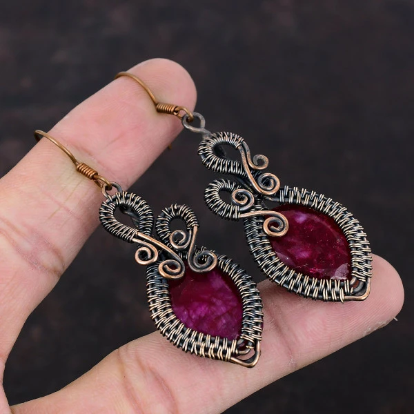 Kashmir Ruby Oval Red Handmade Copper Wire Wrapped Earrings
