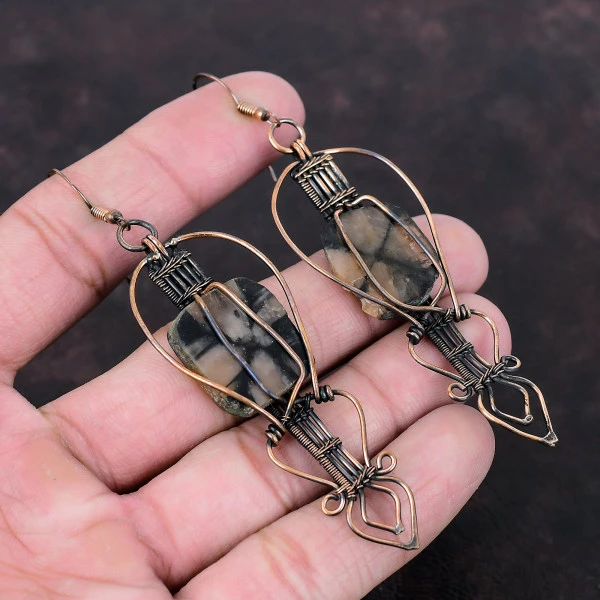 Chiastolite Radiant Brown Handmade Copper Wire Wrapped Earrings
