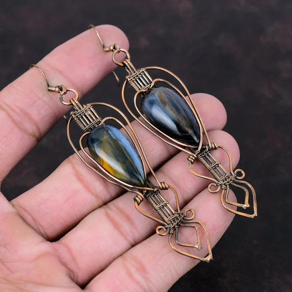 Pietersite Pear Black Handmade Copper Wire Wrapped Earrings