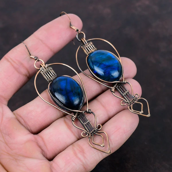 Blue Fire Labradorite Oval Blue Handmade Copper Wire Wrapped Earrings