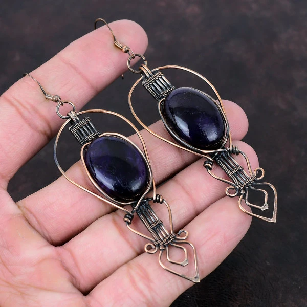Purple Fire Labradorite Oval Purple Handmade Copper Wire Wrapped Earrings