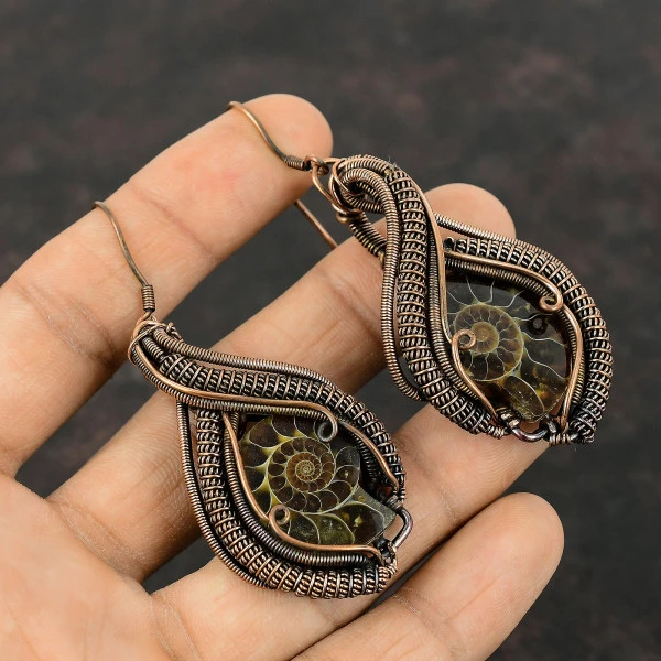 Ammonite Fossil Pear Brown Handmade Copper Wire Wrapped Earrings