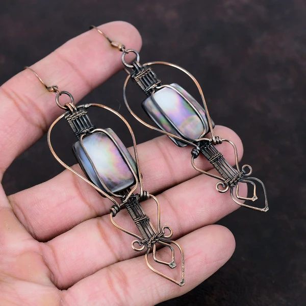 Black Mother Of Pearl Radiant White Handmade Copper Wire Wrapped Earrings