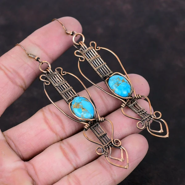 Copper Blue Turquoise Oval Blue Handmade Copper Wire Wrapped Earrings