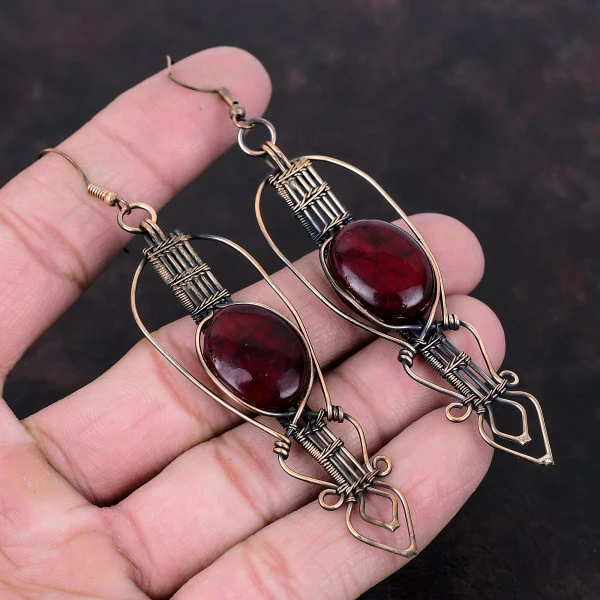 Red Fire Labradorite Oval Red Handmade Copper Wire Wrapped Earrings