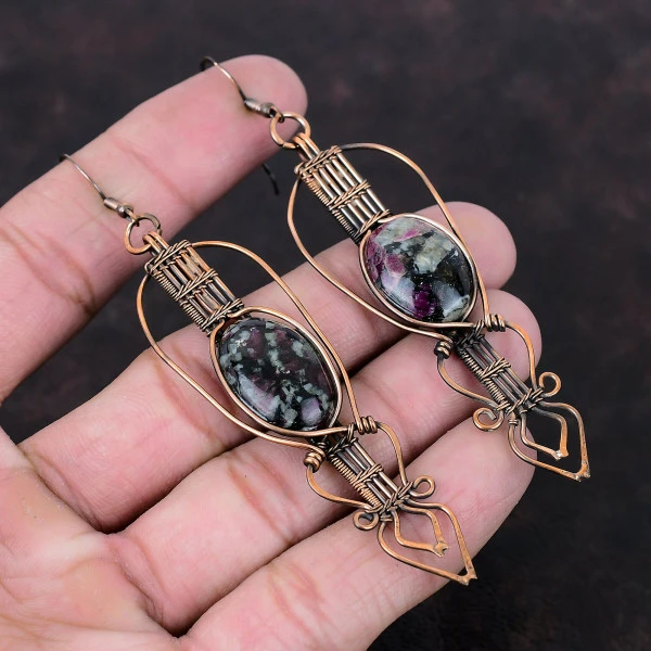 Eudialyte Oval Black Handmade Copper Wire Wrapped Earrings