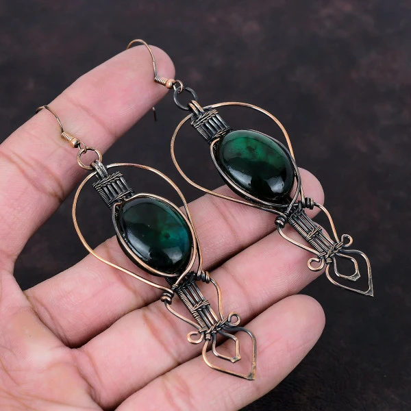 Green Fire Labradorite Oval Green Handmade Copper Wire Wrapped Earrings