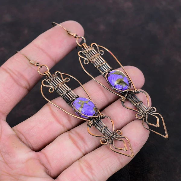 Copper Charoite Oval Purple Handmade Copper Wire Wrapped Earrings