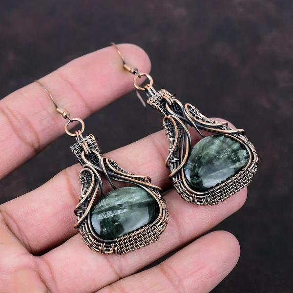 Seraphinite Oval Green Handmade Copper Wire Wrapped Earrings