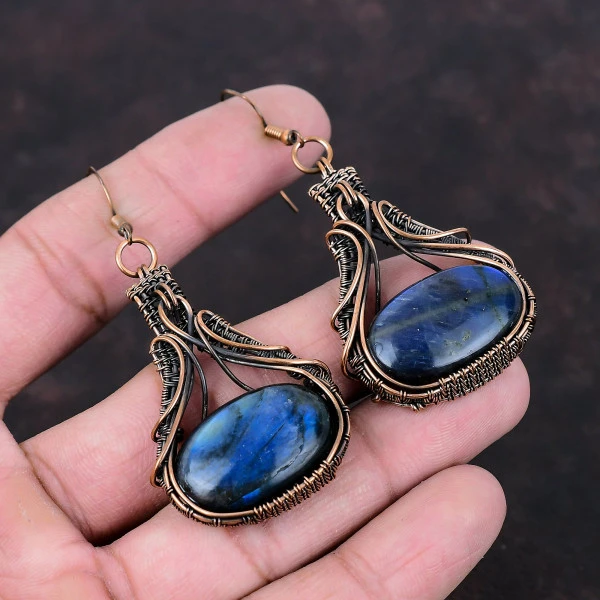 Labradorite Oval Blue Handmade Copper Wire Wrapped Earrings