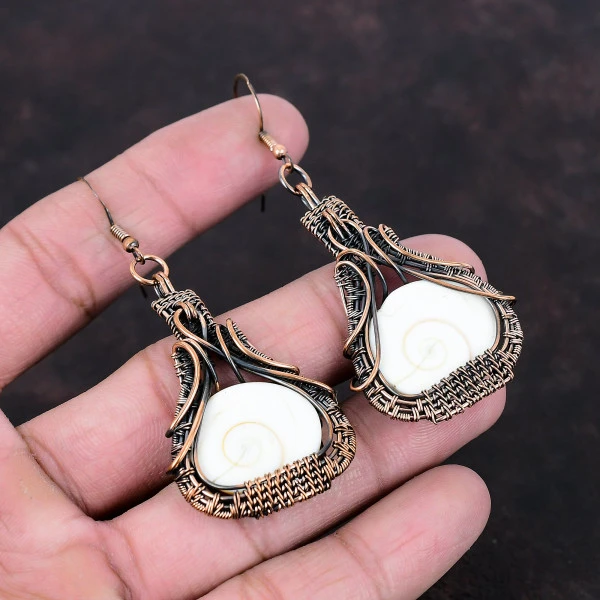 Shiva Eye Shell Round White Handmade Copper Wire Wrapped Earrings