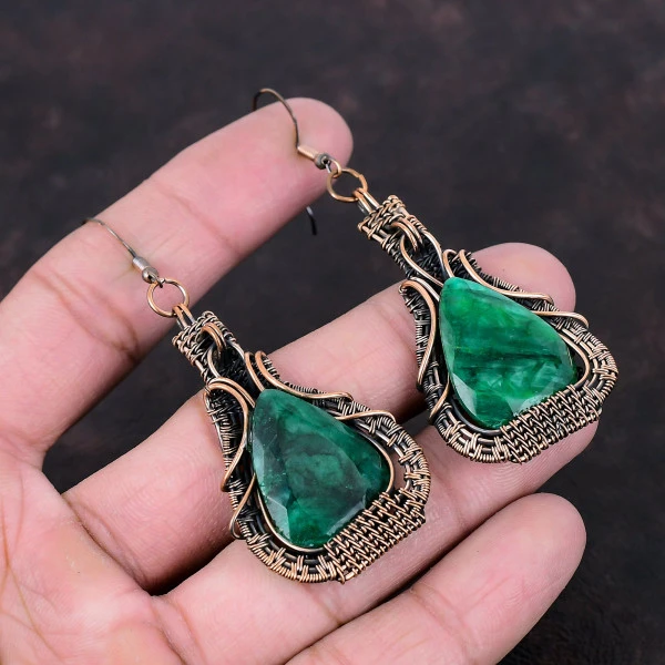 Zambian Emerald Pear Green Handmade Copper Wire Wrapped Earrings