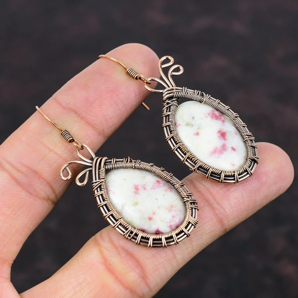 Cinnabar Oval White Handmade Copper Wire Wrapped Earrings