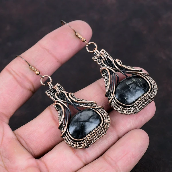 Picasso Jasper Oval Black Handmade Copper Wire Wrapped Earrings