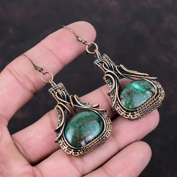 Cuprite Chrysocolla Oval Green Handmade Copper Wire Wrapped Earrings