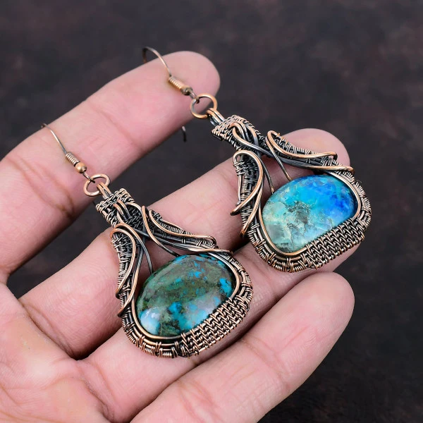 Shattuckite Oval Blue Handmade Copper Wire Wrapped Earrings