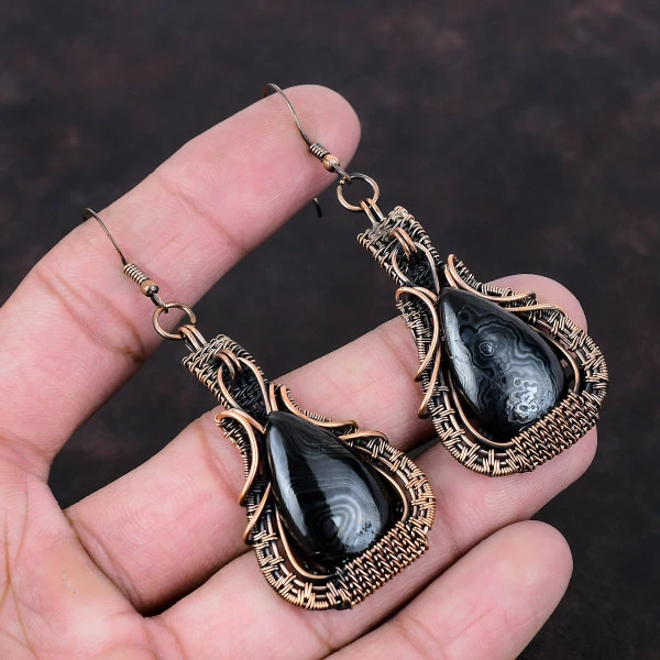 Psilomelane Pear Black Handmade Copper Wire Wrapped Earrings