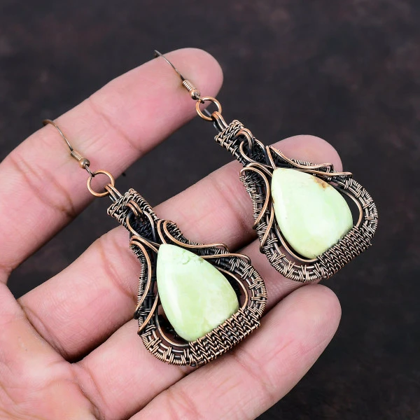 Lemon Chrysoprase Pear Green Handmade Copper Wire Wrapped Earrings