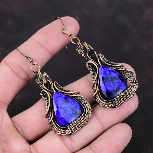 Blue Sapphire Pear Blue Handmade Copper Wire Wrapped Earrings