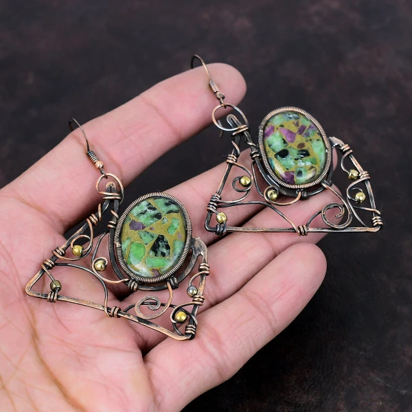 Copper Ruby Zoisite Oval Green Handmade Copper Wire Wrapped Earrings