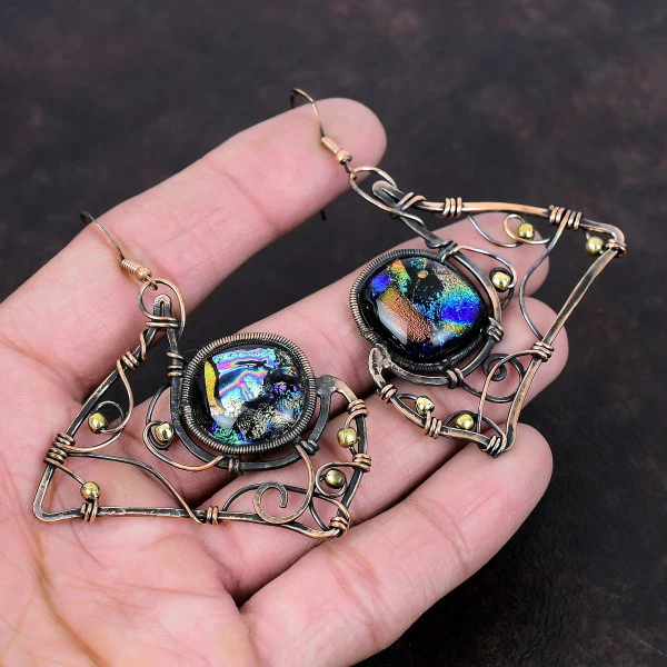American Dichroic Glass Cushion Black Handmade Copper Wire Wrapped Earrings
