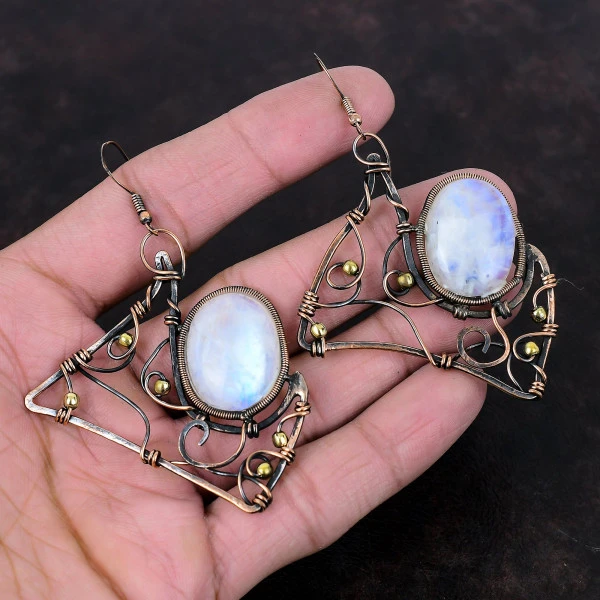 Rainbow Moonstone Oval White Handmade Copper Wire Wrapped Earrings