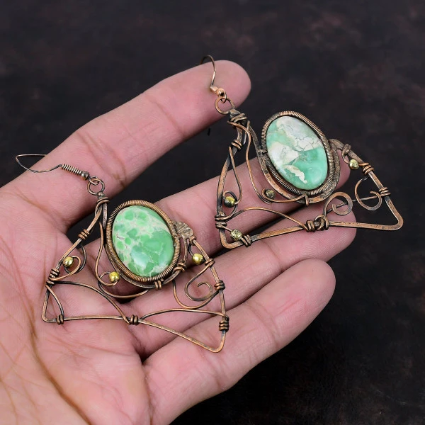 Variscite Oval Green Handmade Copper Wire Wrapped Earrings
