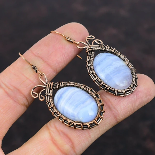 Blue Lace Agate Oval Blue Handmade Copper Wire Wrapped Earrings