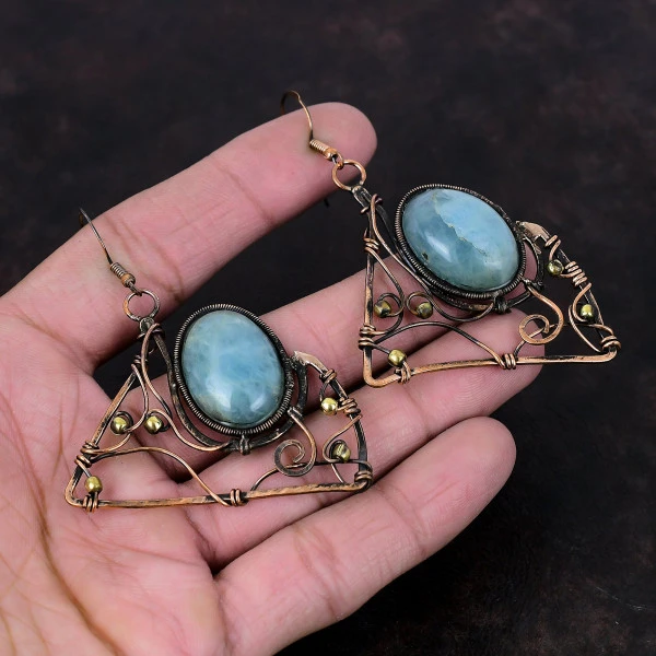 Aquamarine Oval Green Handmade Copper Wire Wrapped Earrings