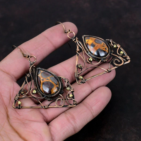 Bauxite Pear Red Handmade Copper Wire Wrapped Earrings