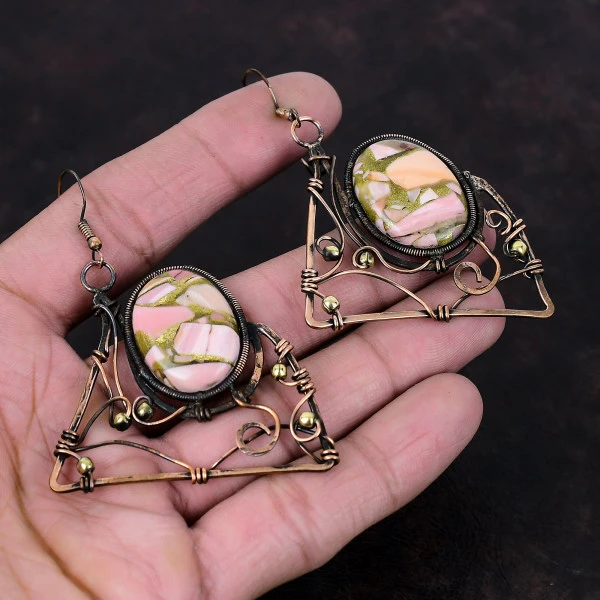 Copper Pink Opal Oval Pink Handmade Copper Wire Wrapped Earrings