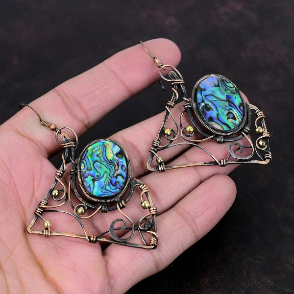 Abalone Shell Oval Green Handmade Copper Wire Wrapped Earrings