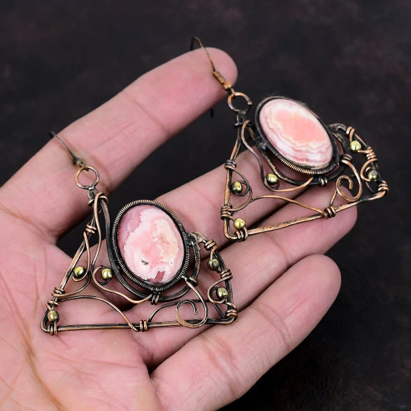 Rhodochrosite Oval Pink Handmade Copper Wire Wrapped Earrings