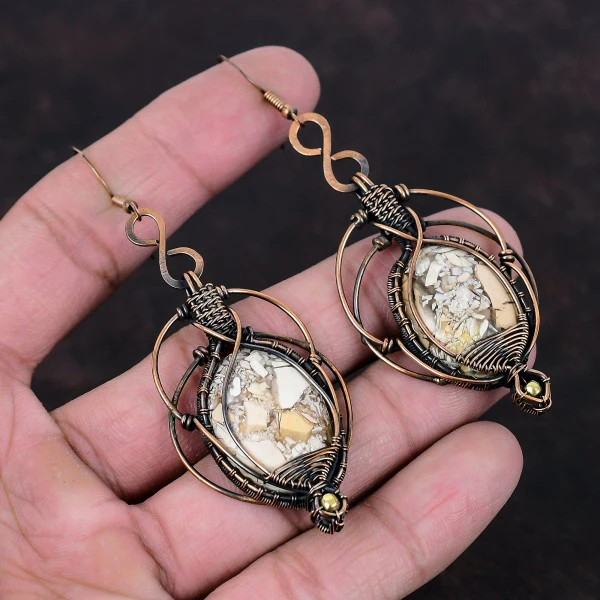 Brecciated Mookaite Oval White Handmade Copper Wire Wrapped Earrings