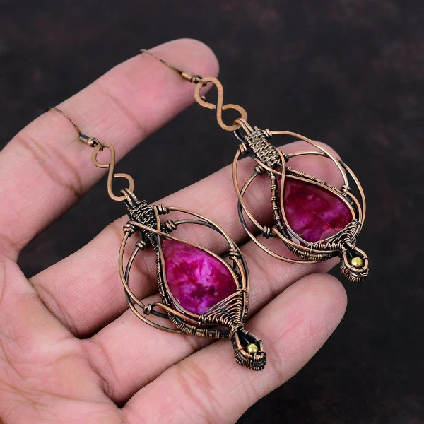 Kashmir Ruby Pear Red Handmade Copper Wire Wrapped Earrings