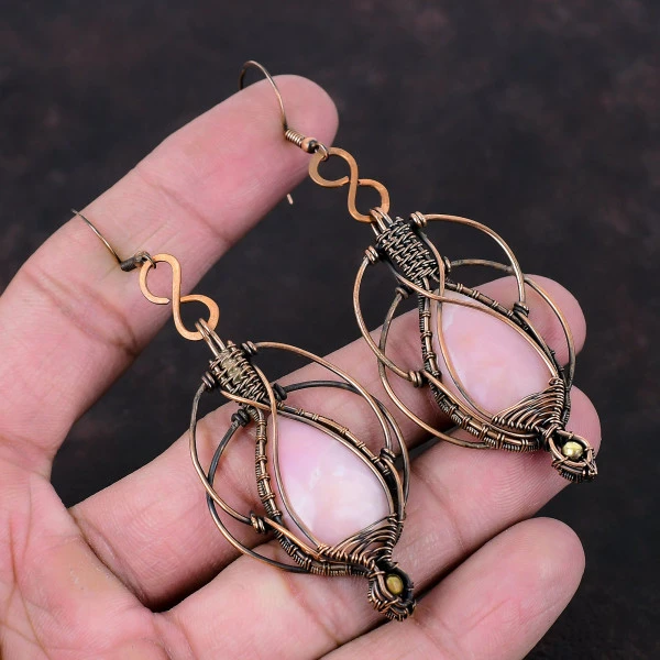 Pink Opal Pear Pink Handmade Copper Wire Wrapped Earrings