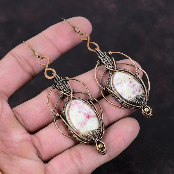 Cinnabar Oval White Handmade Copper Wire Wrapped Earrings