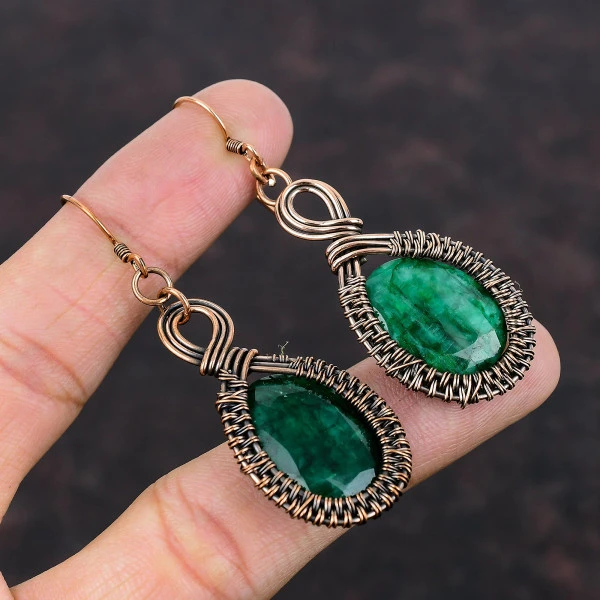 Zambian Emerald Oval Green Handmade Copper Wire Wrapped Earrings