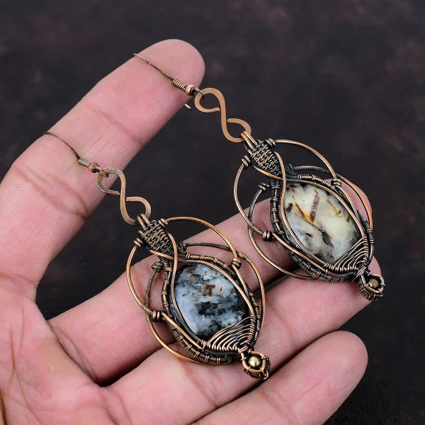 Astrophyllite Oval White Handmade Copper Wire Wrapped Earrings