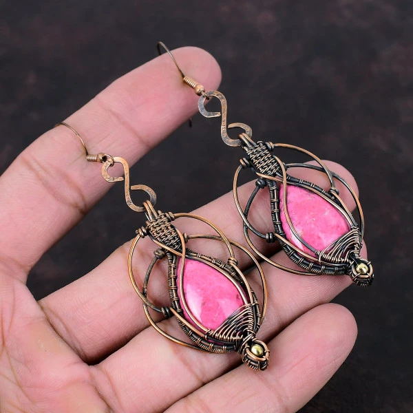 Thulite Pear Pink Handmade Copper Wire Wrapped Earrings