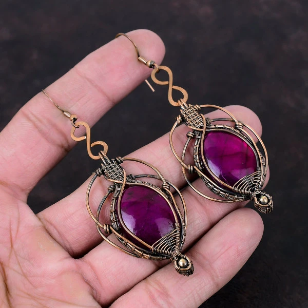 Purple Fire Labradorite Oval Purple Handmade Copper Wire Wrapped Earrings