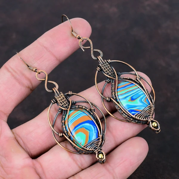 Rainbow Calsilica Oval Blue Handmade Copper Wire Wrapped Earrings