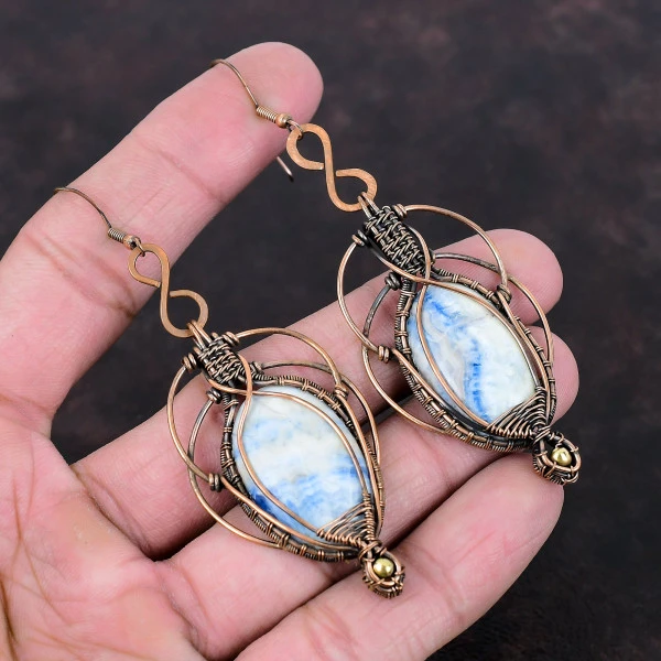 Blue Scheelite Oval Blue Handmade Copper Wire Wrapped Earrings