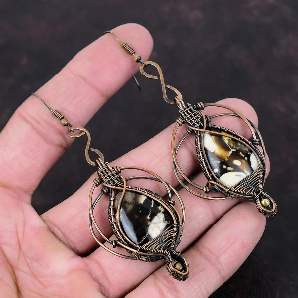Peanut Wood Jasper Pear Brown Handmade Copper Wire Wrapped Earrings