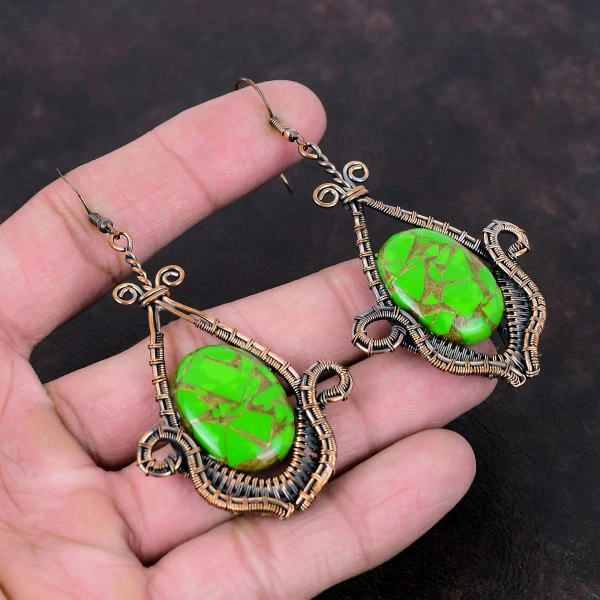 Copper Green Turquoise Oval Green Handmade Copper Wire Wrapped Earrings