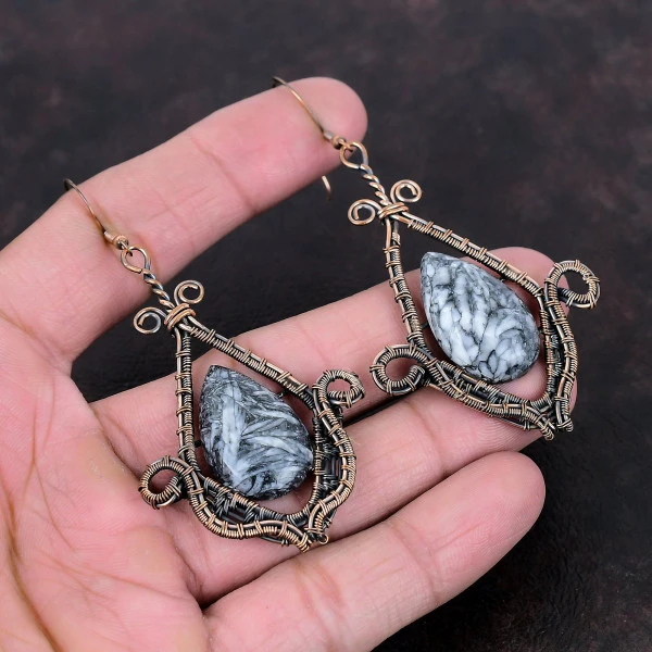 Pinolith Jasper Pear Black Handmade Copper Wire Wrapped Earrings