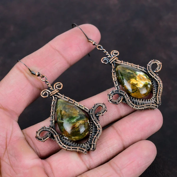 Australian Chrome Chalcedony Pear Green Handmade Copper Wire Wrapped Earrings