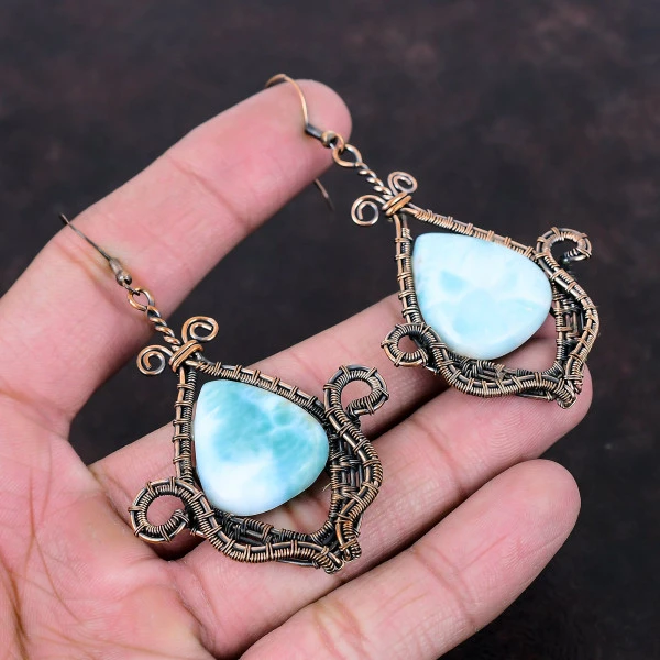 Larimar Pear Blue Handmade Copper Wire Wrapped Earrings