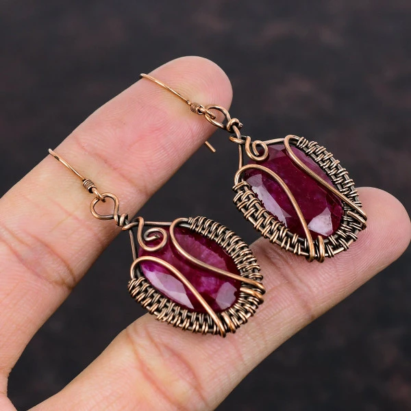 Kashmir Ruby Oval Red Handmade Copper Wire Wrapped Earrings