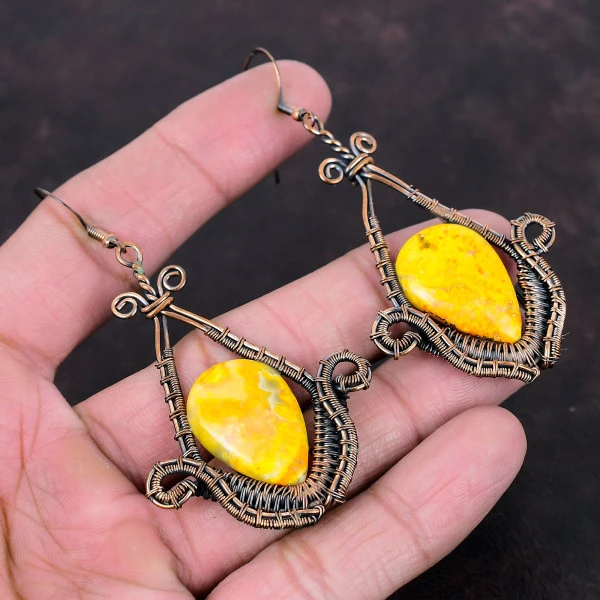 Bumble Bee Jasper Pear Yellow Handmade Copper Wire Wrapped Earrings